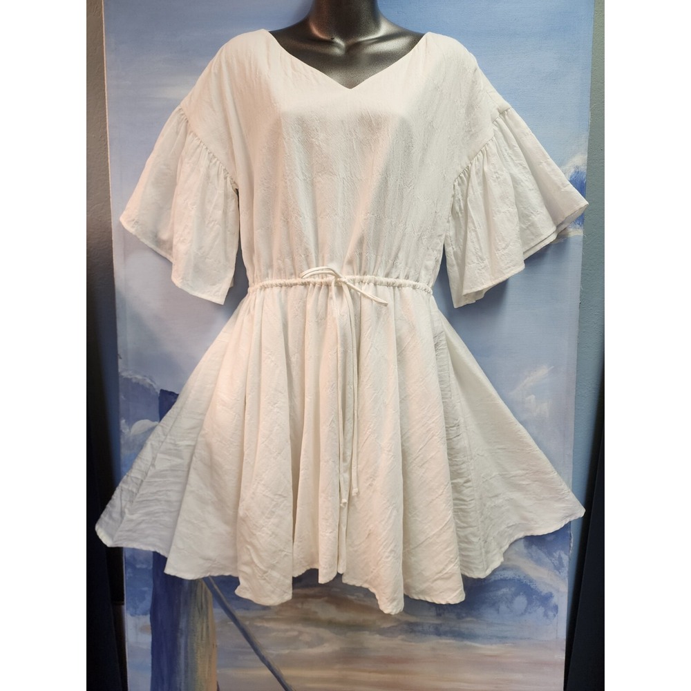 Merlette S NEW White Textured  Cotton Flutter Sleeve Mini Dress $545